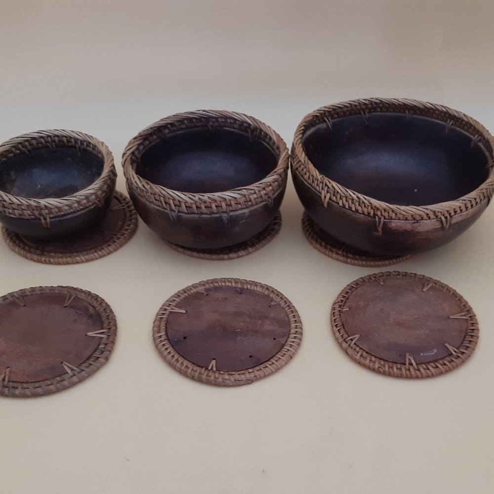 3 wood and Rattan Bowls Plus Coasters